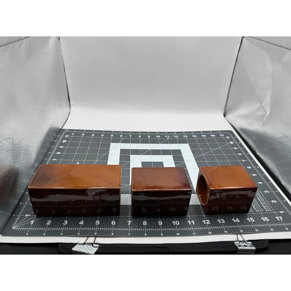 Ceramic Pillar Candle Holder Set 3 Brown Leaf Motif Glossy Rectangular
